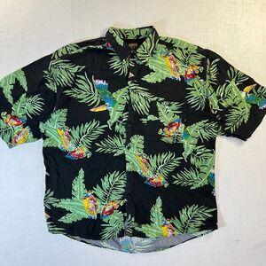 VTG Bruno B Men Hawaiian Shirt L AOP Tropical Parrot Black Rayon Button Up Italy